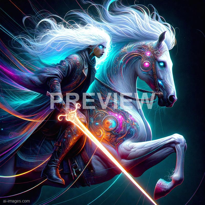 The image depicts a futuristic, fantasy scene featuring a woman with long, flowing white hair riding a highly stylized, glowing white horse. The woman is dressed in intricate, dark armor with vibrant, luminous accents, holding a bright, fiery sword. Both the woman and the horse have glowing, cybernetic elements on their bodies, giving a blend of technology and magic. The background is dark, highlighting the vivid, neon-like colors and dynamic energy lines surrounding them, creating a sense of motion and power.